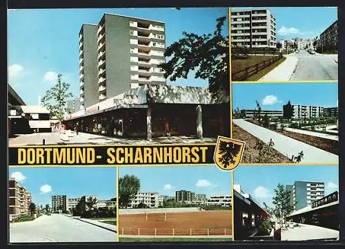 AK Dortmund-Scharnhorst, Fussballplatz, Hochsiedlung und Stadtwappen