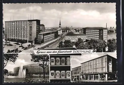 AK Dortmund, Hauptbahnhof, Strassenpartie mit VEW-Werk, Fontaine vor der Westfalenhalle