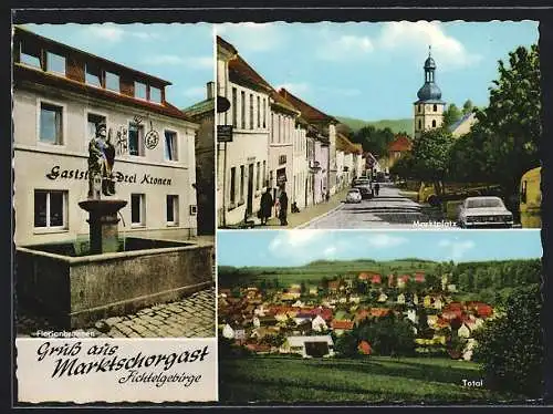AK Marktschorgast /Fichtelgebirge, Gasthaus Drei Kronen und Florianbrunnen, Marktplatz, Totalansicht