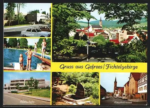 AK Gefrees /Fichtelgebirge, Hauptstrasse, Stadthalle, Freibad