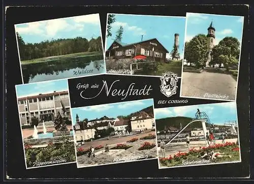 AK Neustadt b. Coburg, Arnold-Hütte, Puppenmuseum, Schwimmbad, Hindenburgplatz