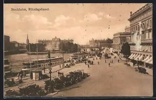 AK Stockholm, Riksdagshuset, Dampfer, Strassenbahn