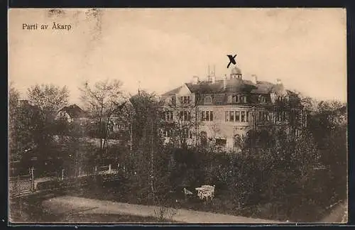 AK Akarp, Teilansicht mit grossem Turmgebäude aus der Vogelschau