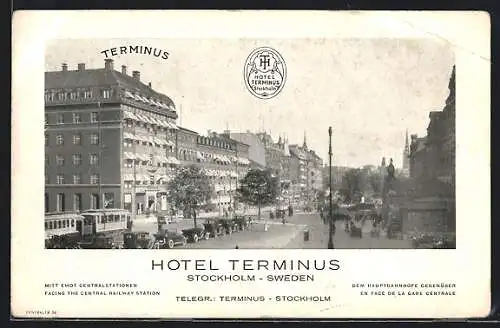 AK Stockholm, Hotel Terminus mit Strasse, Strassenbahn und Hauptbahnhof