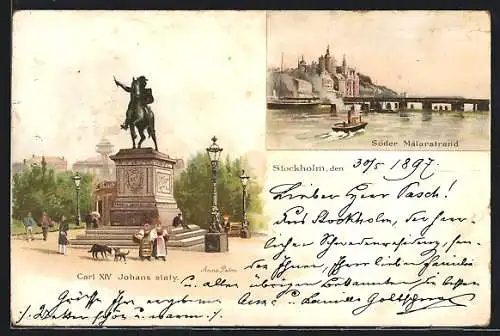 Lithographie Stockholm, Carl XIV Johans staty, Söder Mälarstrand