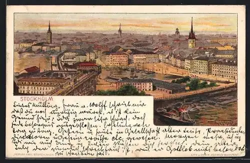 Lithographie Stockholm, Teilansicht mit Brücke aus der Vogelschau