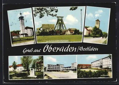 AK Oberaden /Westfalen, Zeche Haus Aden mit Funkturm, Ehrenmal, Am Römerberg, Markt