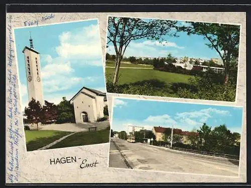 AK Hagen-Emst, Kirche, Strassenpartie mit Strassenbahn