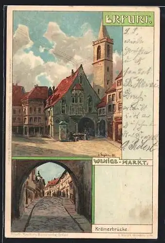 Künstler-Lithographie Albert Stagura: Erfurt, Wenigs-Markt, Krämerbrücke