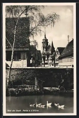 AK Weil der Stadt, Partie a. d. Würm, Blick zur Kirche