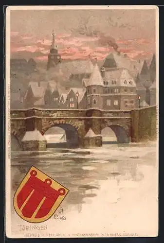 Lithographie Tübingen, Teilansicht mit Brücke, Wappen