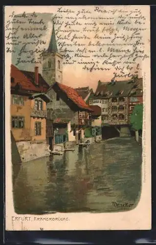 Lithographie Erfurt, Blick auf die Krämerbrücke