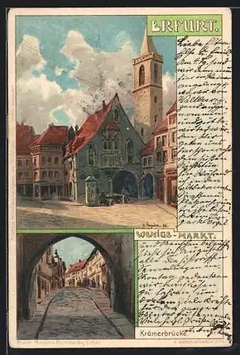 Künstler-Lithographie Albert Stagura: Erfurt, Wenigs-Markt, Krämerbrücke