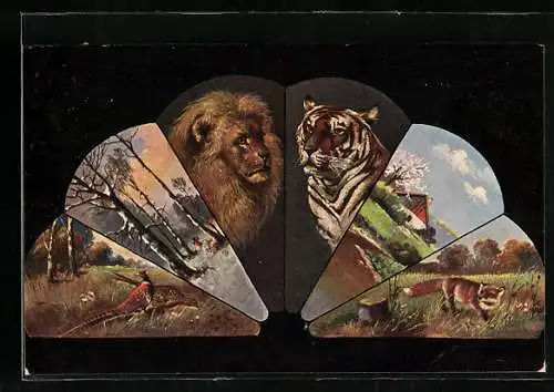 Passepartout-AK Fächer mit Löwe, Tiger, Fuchs und Fasanen