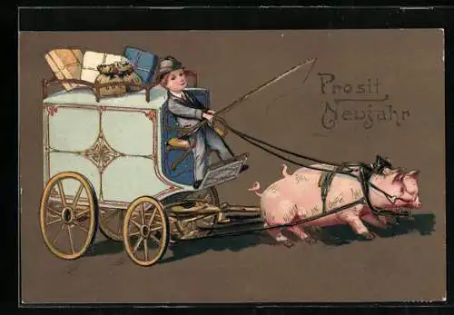 Präge-Lithographie Kleiner Kutscher auf einem von Schweinen gezogenem Wagen, Neujahrsgruss