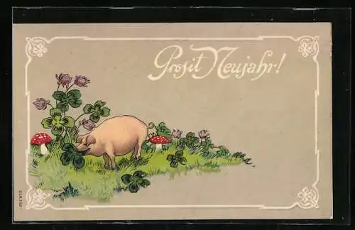 Präge-Lithographie Schwein auf einer Wiese mit Glücksklee und Fliegenpilzen, Neujahrsgruss