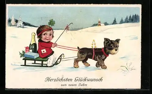 AK Herzlichen Glückwunsch zum Neuen Jahre, ein kleines Mädchen fährt mit dem Hundeschlitten m. Sektflasche u. Geschenken
