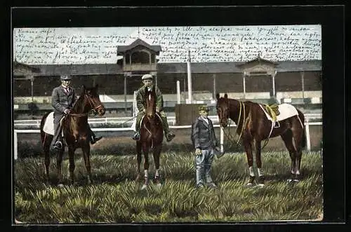 AK Reiter mit Pferden auf Rennbahn