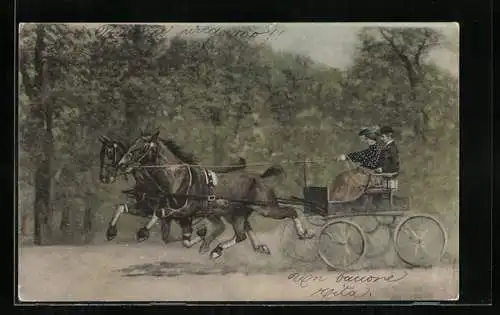 AK Elegantes Paar beim Ausflug in einer Pferdekutsche