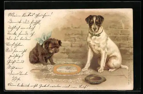 Lithographie Terrier sitzt mit seinem Spielgefährten neben einem Hut