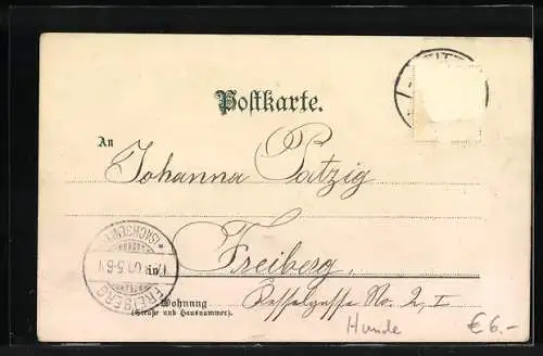 Lithographie Terrier sitzt mit seinem Spielgefährten neben einem Hut