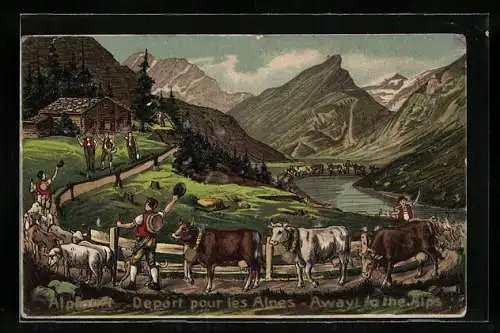Lithographie Alpfahrt, Almauftrieb, Rinder