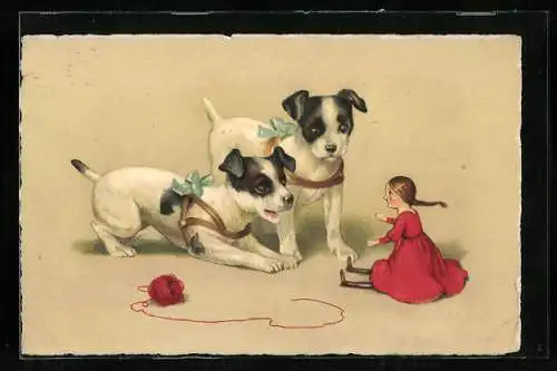 Lithographie Zwei junge Hunde mit einer kleinen Puppe