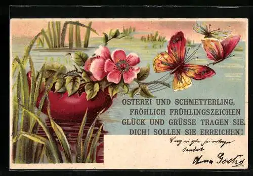 Lithographie Schmetterlinge ziehen Blumenschale über einen See, Glitter