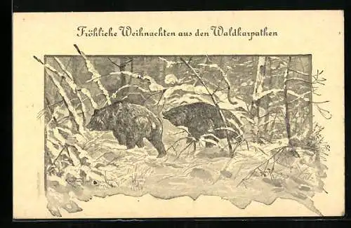 AK Waldkarpathen, Zwei Bären im Schnee, Weihnachtsgruss