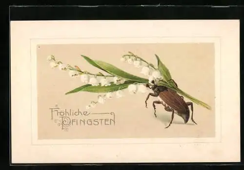 AK Pfingstgruss, Maikäfer und Maiglöckchen