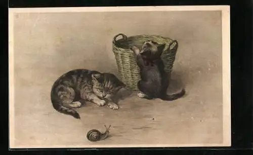 AK Zwei Kätzchen und eine Schnecke mit Schneckenhaus