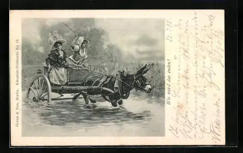 AK Zwei junge Damen treiben ihr Eselgespann durch einen Fluss