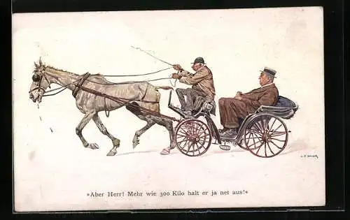 AK dürres Pferd zieht in einer Pferdekutsche einen übergewichtigen Herrn