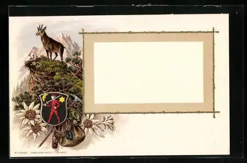 Passepartout-Lithographie Bergziege auf einem Felsvorsprung, Bergsteigerausrüstung u. Wappen