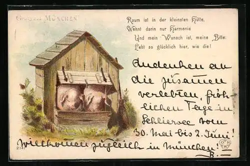 Lithographie Zwei Schweine in einer kleinen Hütte