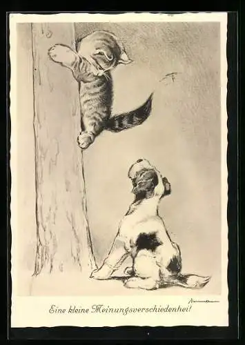 AK Hund jagt eine Katze auf den Baum, eine kleine Meinungsverschiedenheit