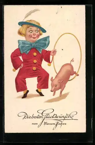 AK Clown lässt kleines Schwein durch einen Reifen springen, Neujahrsgruss