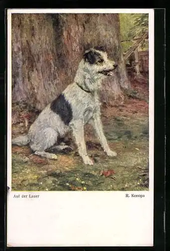 AK auf der Lauer, Terrier vor einem Baum