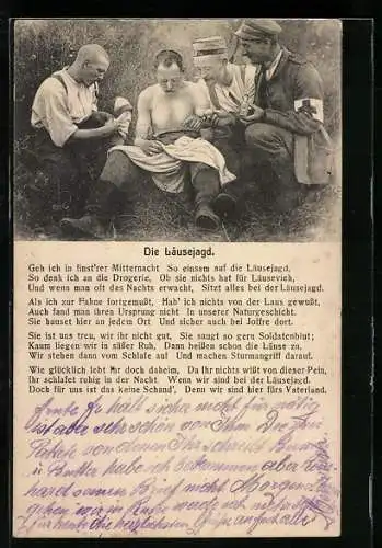 AK Die Läusejagd, Soldaten mit Sanitäter beim Lausen, Gedicht