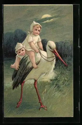 AK Zwei Kleinkinder auf einem Storch