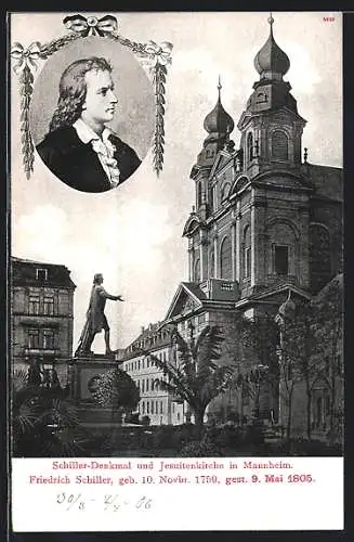 AK Mannheim, Friedrich Schiller-Denkmal und Jesuitenkirche, Porträt