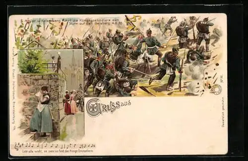 Lithographie Major v. Kaisenberg führt die Königsgrenadiere zum Sturm auf den Geisberg 4.8.1870