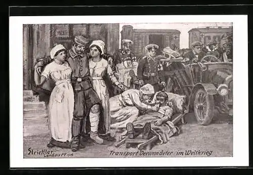 Künstler-AK sign. Strieffler: Transport Verwundeter im Weltkrieg, 1914, Rotes Kreuz
