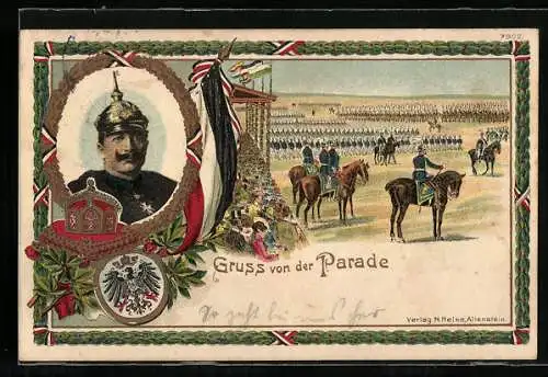 Lithographie Kaiser-Parade, Truppenschau auf dem grossen Sande durch Sr. Maj. Kaiser Wilhelm II.