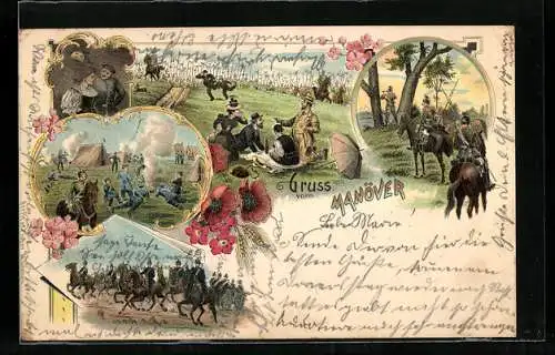 Lithographie Kaisermanöver, beim Picknick überrascht, Kavalleristen im Gefecht