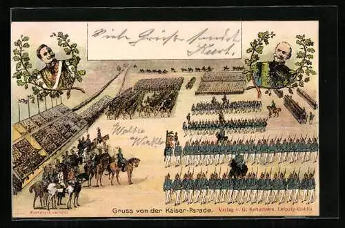 Lithographie Gruss von der Kaiser-Parade, Totale, Kaiser Wilhelm und König von Sachsen