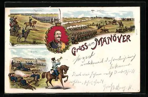 Lithographie Kiaserparade- und Manöver, Soldaten in Uniform und ihre Biwakausrüstung, Kaiserportrait von Wilhelm II.