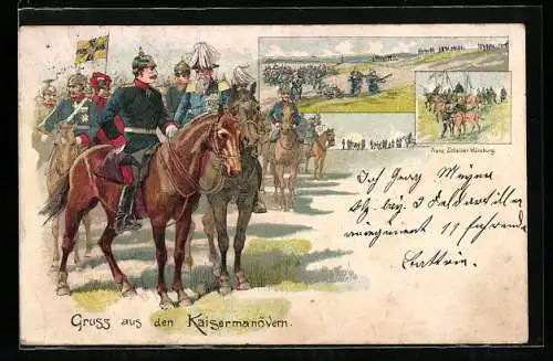 Lithographie Kaisermanöver, Wilhelm II. und weitere Monarchen