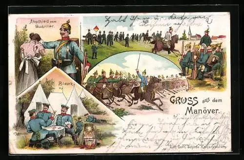 Lithographie Kavallerie beim Kaisermanöver, Soldaten in Uniform spielen Karten im Biwak-Lager, Abschied vom Quartier