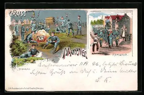 Lithographie Soldaten in Uniform beim Abmarsch zum Kaisermanöver, Biwak-Lager